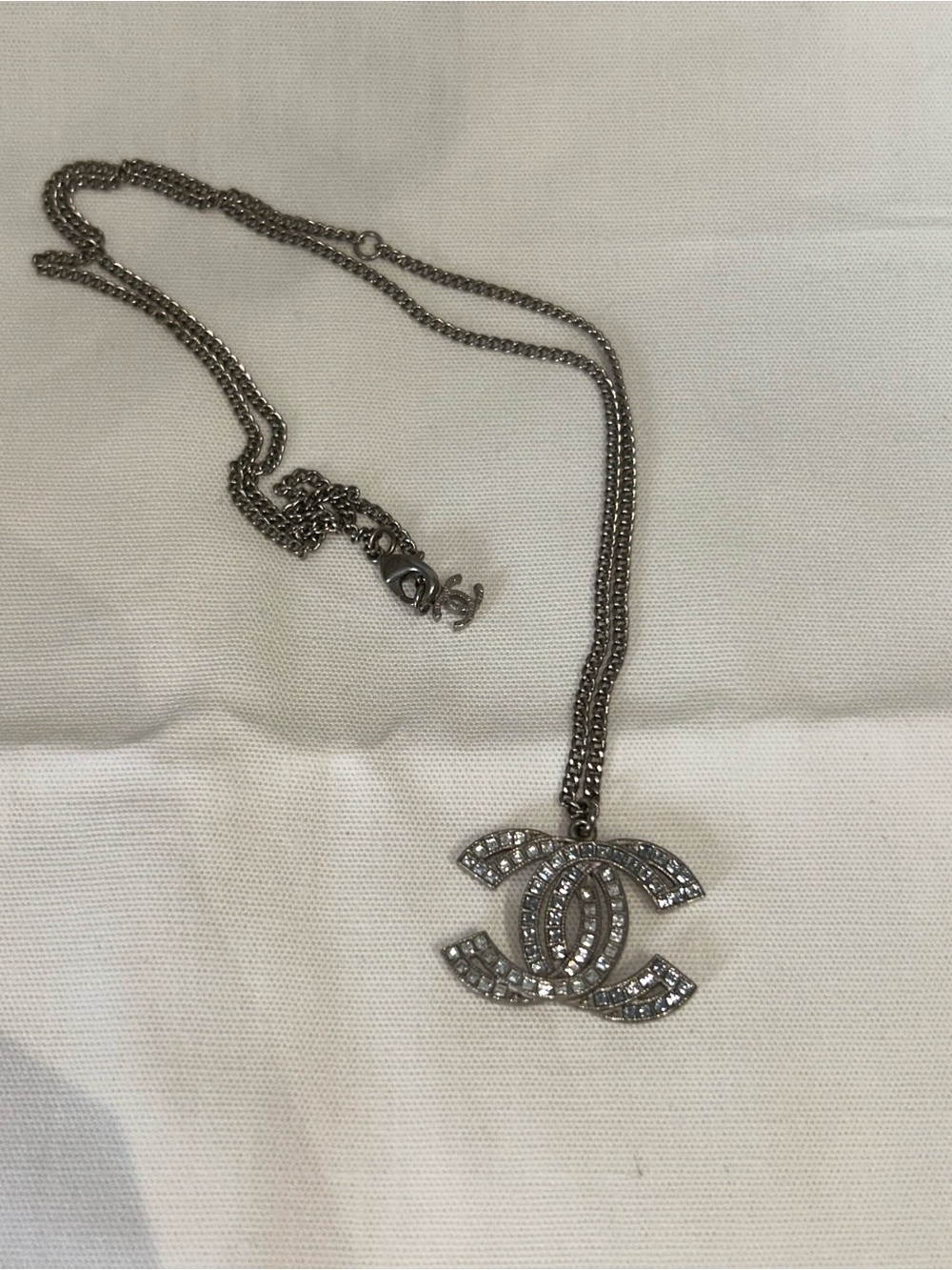 CHANEL Silver Crystal CC Drop Necklace